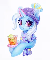 Size: 1252x1500 | Tagged: safe, artist:maytee, derpibooru import, trixie, pony, unicorn, g4, beanie, bust, clothes, colored pencil drawing, drink, hat, horn, image, magic, png, portrait, punsch, scarf, smiling, telekinesis, traditional art