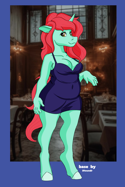 Size: 2400x3600 | Tagged: safe, artist:ihoundr, artist:miipack603, derpibooru import, oc, oc:erika pebblebrook, anthro, pony, unguligrade anthro, unicorn, anthro oc, bare shoulders, base used, belly, breasts, chubby, cleavage, clothes, cocktail dress, collarbone, detailed background, dress, female, hand, hooves, horn, image, jpeg, mare, passepartout, plump, red mane, red tail, shading, short dress, smiling, tail, tight clothing, unicorn oc, yellow eyes