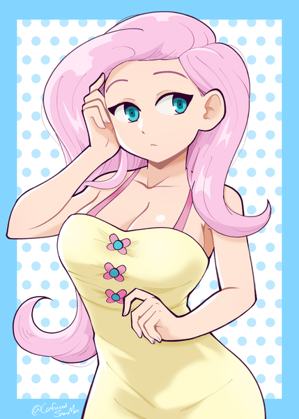 Size: 1500x2100 | Tagged: safe, artist:confusedsnowman, derpibooru import, fluttershy, human, g4, bare shoulders, breasts, busty fluttershy, cleavage, clothes, dress, humanized, image, looking sideways, png, solo, stupid sexy fluttershy