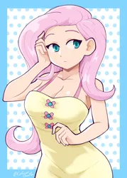 Size: 1500x2100 | Tagged: safe, artist:confusedsnowman, derpibooru import, fluttershy, human, g4, bare shoulders, breasts, busty fluttershy, cleavage, clothes, dress, humanized, image, looking sideways, png, solo, stupid sexy fluttershy