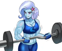 Size: 3000x2450 | Tagged: safe, artist:tzc, derpibooru import, trixie, human, equestria girls, g4, clothes, commission, female, fetish, grand and muscular trixie, gritted teeth, image, muscle fetish, muscles, muscular female, png, simple background, sports bra, sweat, teeth, vein, weight lifting, weights, white background, workout, workout outfit