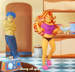 Size: 1764x1694 | Tagged: safe, artist:mn27, derpibooru import, flash sentry, sunset shimmer, equestria girls, g4, abs, adorasexy, belly, belly button, black underwear, clothes, commission, cute, dancing, duo, eyes closed, female, flashimmer, image, male, morning, nudity, panties, partial nudity, png, sexy, shipping, short shirt, slippers, smiling, straight, topless, underwear, whisk