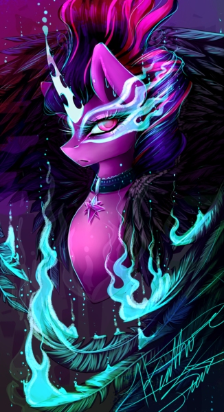 Size: 1769x3257 | Tagged: safe, artist:hjartpieces, artist:purediamond360, derpibooru import, sci-twi, twilight sparkle, ponified, alicorn, pony, equestria girls, g4, black wings, burning, bust, element of magic, equestria girls ponified, feather, fire, glare, image, jewelry, looking at you, mane, menacing, midnight sparkle, necklace, png, portrait, solo, wings