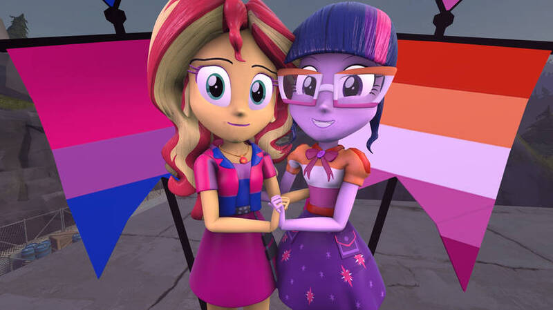 Size: 828x465 | Tagged: safe, artist:olivespoll, derpibooru import, sci-twi, sunset shimmer, twilight sparkle, equestria girls, g4, 3d, bisexual pride flag, female, image, jpeg, lesbian, lesbian pride flag, pride, pride flag, ship:sci-twishimmer, shipping, source filmmaker, sunsetsparkle, transbian pride flag