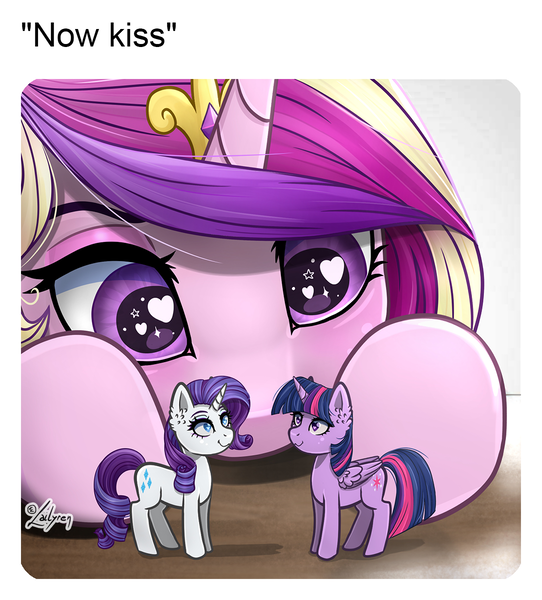 Size: 1084x1200 | Tagged: safe, alternate version, artist:lailyren, derpibooru import, princess cadance, rarity, twilight sparkle, twilight sparkle (alicorn), alicorn, pony, g4, alternate character, female, heart, heart eyes, image, lesbian, now kiss, png, ship:rarilight, shipper on deck, shipping, toy, wingding eyes