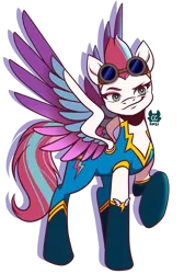 Size: 1880x2800 | Tagged: safe, artist:cckittycreative, derpibooru import, zipp storm, pegasus, pony, g5, my little pony: a new generation, clothes, female, goggles, image, mare, png, raised hoof, simple background, smiling, solo, spoilers in description, spread wings, transparent background, uniform, wings, wonderbolts uniform