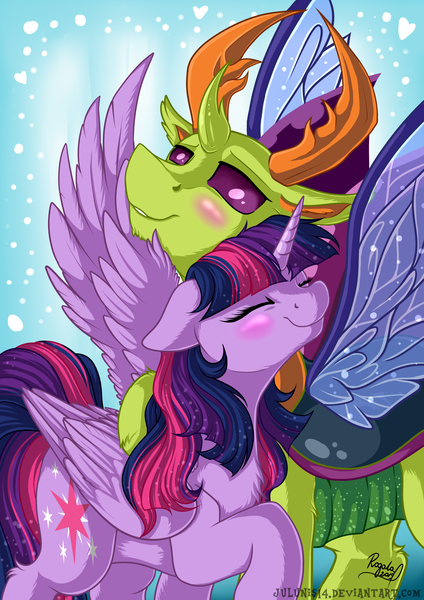 Size: 2893x4092 | Tagged: safe, artist:julunis14, derpibooru import, thorax, twilight sparkle, twilight sparkle (alicorn), alicorn, changedling, changeling, pony, g4, antlers, blushing, chest fluff, chin fluff, eyes closed, female, heart, hoof fluff, image, king thorax, leg fluff, male, mare, png, ship:twirax, shipping, smiling, spread wings, straight, twirax, wing fluff, wings