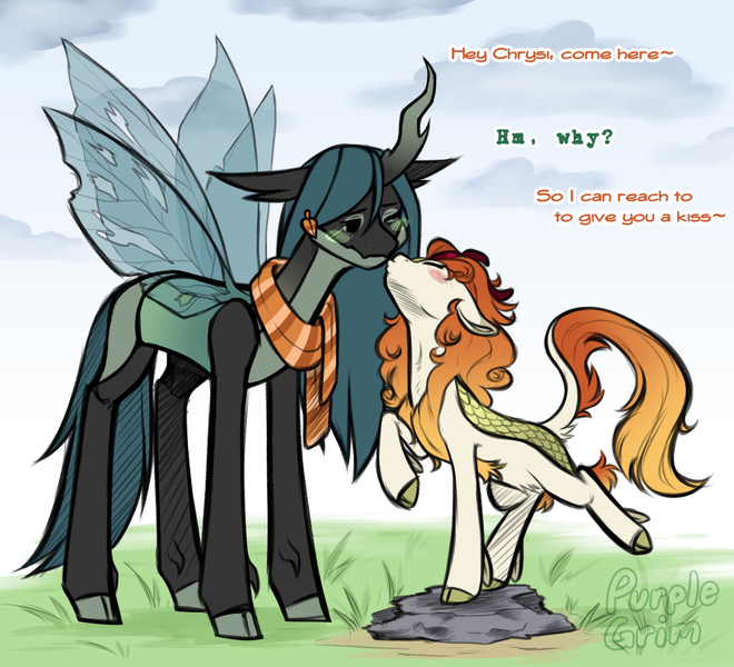 Size: 1100x1000 | Tagged: safe, alternate version, artist:purplegrim40, derpibooru import, autumn blaze, queen chrysalis, changeling, kirin, g4, autumn chrysalis, clothes, crack shipping, curly hair, curly mane, duo, female, holeless, image, kissing, leonine tail, lesbian, png, scarf, shipping, tail, what if