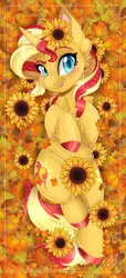 Size: 3369x7407 | Tagged: safe, artist:pvrii, artist:silent-shadow-wolf, derpibooru import, sunset shimmer, pony, unicorn, g4, autumn, chest fluff, cloven hooves, colored hooves, cute, cutie mark, ear fluff, female, flower, flower in hair, hooves, horn, image, leaf, leg fluff, looking at you, lying down, mare, on back, png, shimmerbetes, smiling, solo, sunflower, tongue out