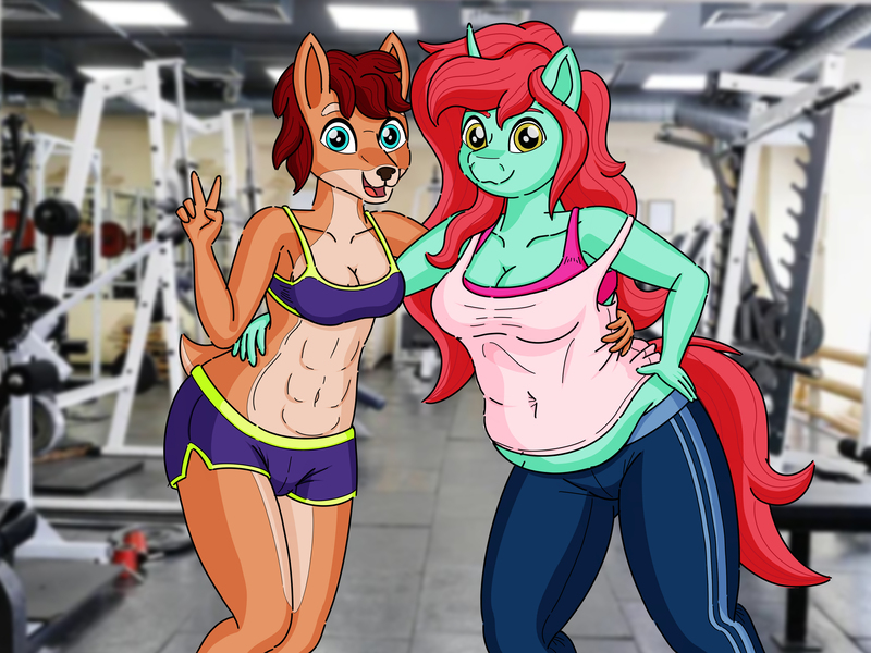 Size: 3600x2700 | Tagged: safe, artist:miipack603, derpibooru import, oc, oc:erika pebblebrook, oc:rianne, anthro, deer, pony, unguligrade anthro, abs, anthro oc, breasts, cel shading, cleavage, clothes, collarbone, deer oc, detailed background, doe, female, gym, gym equipment, gym shorts, hand on hip, hand on waist, horn, hug, image, jpeg, markings, midriff, non-pony oc, pants, peace sign, red mane, red tail, selfie, shading, smiling, sports bra, tail, tanktop, thick, underbelly, workout outfit, yellow eyes, yoga pants