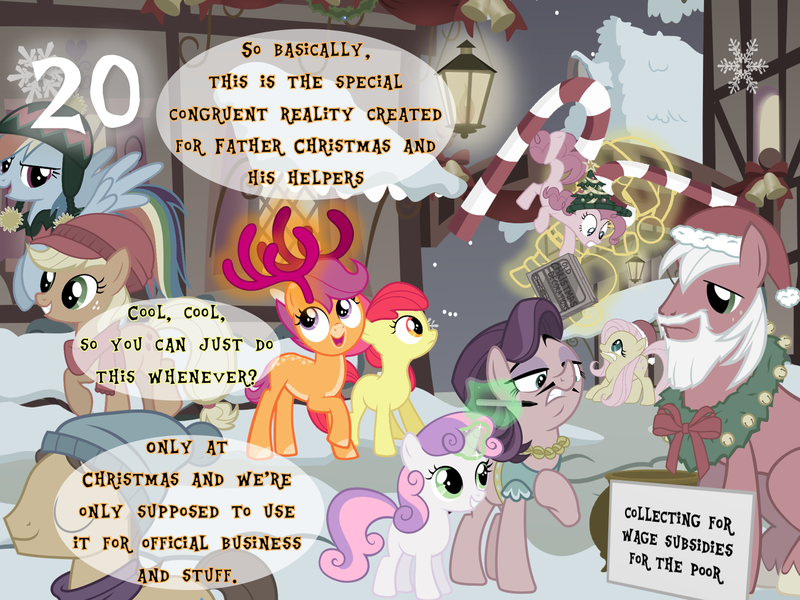 Size: 1440x1080 | Tagged: safe, artist:bronybyexception, derpibooru import, apple bloom, applejack, big macintosh, caramel, fluttershy, pinkie pie, scootaloo, spoiled rich, sweetie belle, g4, advent calendar, antlers, charity, christmas, christmas decoration, clothes, costume, decoration, hat, holiday, image, png, santa costume, santa hat, scarf, scootadeer, sharpie, stopped time, time stop, winter