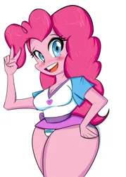 Size: 1500x2100 | Tagged: suggestive, artist:noisyvox, artist:thearcano13, derpibooru import, pinkie pie, human, equestria girls, g4, blue underwear, blushing, breasts, busty pinkie pie, child bearing hips, cleavage, clothes, female, image, jpeg, open mouth, panties, peace sign, pinkie thighs, simple background, skirt, solo, striped underwear, thicc thighs, thighs, thunder thighs, underwear, upskirt, white background, white underwear, wide hips