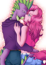 Size: 2480x3507 | Tagged: safe, artist:cyborg-steve, artist:line-arts, artist:rali-arts, derpibooru import, pinkie pie, spike, anthro, dragon, earth pony, g4, ambiguous facial structure, female, image, imminent kissing, male, pinkiespike, png, ship:pinkiespike, shipping, straight