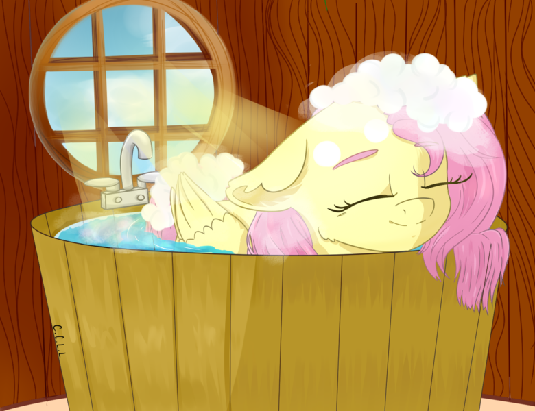 Size: 1300x1000 | Tagged: safe, artist:dandelioncharm, derpibooru import, fluttershy, pegasus, pony, g4, bath, behaving like a duck, bubble bath, cheek fluff, cottagecore, cute, ear fluff, enjoying, eyes closed, female, floppy ears, flutterduck, foam, folded wings, image, indoors, mare, png, relaxed, shyabetes, smiling, solo, tail, wet, wet mane, wet tail, window, wings