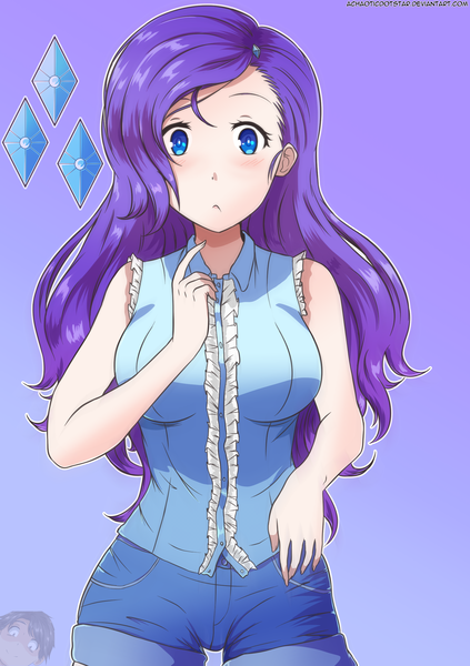 Size: 1748x2480 | Tagged: safe, artist:achaoticdotstar, derpibooru import, rarity, human, g4, anime, anime style, blushing, breasts, busty rarity, clothes, female, humanized, image, looking at you, png, redo, shorts, simple background