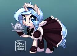 Size: 2700x1950 | Tagged: safe, artist:starshinebeast, derpibooru import, oc, oc:opuscule antiquity, unofficial characters only, pony, unicorn, clothes, cup, cute, female, food, french maid, horn, image, looking at you, maid, mare, ocbetes, platter, png, smiling, solo, spoon, sugar (food), tea set, teacup, teapot