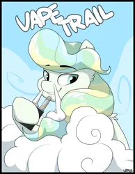 Size: 1937x2500 | Tagged: safe, artist:neoncel, derpibooru import, vapor trail, pegasus, pony, g4, top bolt, cloud, digital art, ear fluff, female, hoof hold, image, jpeg, looking at you, mare, my little pony, pun, signature, sky, smiling, solo, vape, vaping