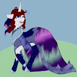 Size: 5800x5800 | Tagged: safe, artist:florarena-kitasatina/dragonborne fox, derpibooru import, oc, oc:crimson flame, unofficial characters only, unicorn, absurd resolution, aurora borealis, clothes, colored, dress, flat colors, gala dress, horn, image, one eye closed, png, raised leg, signature, smiling, wink