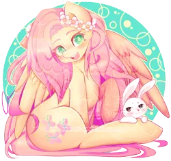 Size: 2452x2300 | Tagged: safe, artist:magicalgirlmayhem, artist:strawbunny-cake, derpibooru import, angel bunny, fluttershy, pegasus, pony, rabbit, g4, animal, duo, female, floral head wreath, flower, image, male, mare, png, sitting, spread wings, watermark, wings