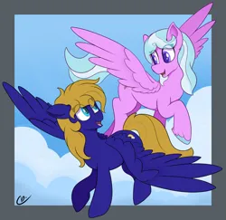 Size: 3115x3022 | Tagged: safe, artist:cloudybirb, derpibooru import, oc, oc:cloud quake, oc:icarus, unofficial characters only, pegasus, pony, cloud, duo, female, flying, image, looking at each other, looking at someone, mare, pegasus oc, png, sky, spread wings, wings