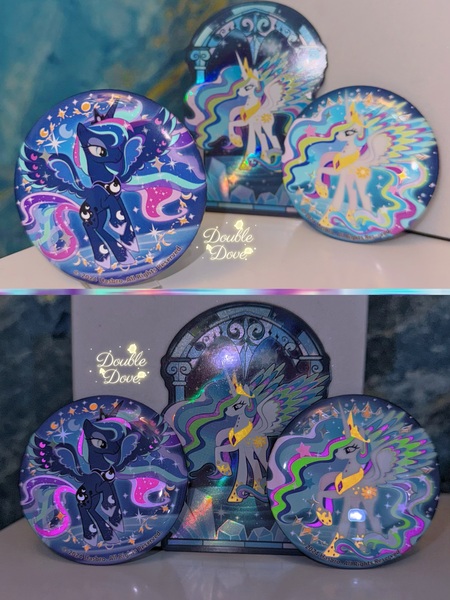 Size: 3442x4590 | Tagged: safe, derpibooru import, official, princess celestia, princess luna, g4, badge, card, crystal, glow-in-the-dark, image, irl, jpeg, merchandise, photo, rainbow power, rainbow power-ified, raised hoof, spread wings, stained glass, wings