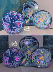 Size: 3442x4590 | Tagged: safe, derpibooru import, official, princess celestia, princess luna, g4, badge, card, crystal, glow-in-the-dark, image, irl, jpeg, merchandise, photo, rainbow power, rainbow power-ified, raised hoof, spread wings, stained glass, wings