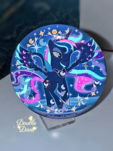 Size: 1752x2336 | Tagged: safe, derpibooru import, official, princess luna, g4, badge, glow-in-the-dark, image, irl, jpeg, merchandise, moon, photo, rainbow power, rainbow power-ified, raised hoof, spread wings, stars, transparent mane, wings