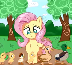 Size: 1870x1705 | Tagged: safe, artist:flutterbug18, derpibooru import, fluttershy, bird, duck, pegasus, pony, g4, cute, duckling, female, image, looking down, mare, path, png, shyabetes, smiling, solo, tree