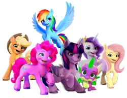 Size: 1780x1373 | Tagged: safe, artist:tankengine52, derpibooru import, applejack, fluttershy, pinkie pie, rainbow dash, rarity, spike, twilight sparkle, g4, g5, my little pony: a new generation, image, mane six, png, simple background, transparent background