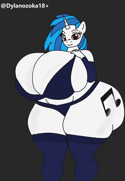 Size: 2061x2981 | Tagged: questionable, artist:dylanozoka18, derpibooru import, vinyl scratch, anthro, unicorn, g4, belly, big breasts, black background, blue hair, bra, breasts, busty vinyl scratch, cleavage, clothes, detached sleeves, eyelashes, hand on breast, hips, horn, huge breasts, huge hips, hyper, hyper breasts, hyper hips, hyper thighs, image, impossibly large breasts, looking at you, panties, png, red eyes, simple background, smiling, smiling at you, solo, thigh socks, thighs, thong, thunder thighs, two toned hair, underwear, unicorn horn, white coat, wide hips