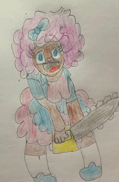 Size: 1012x1553 | Tagged: safe, artist:fxoggyyy, artist:gumball 🌈♾️, derpibooru import, pinkie pie, human, g4, blackwashing, bow, chainsaw, clothes, dark skin, female, happy, humanized, image, jacket, jpeg, long socks, object, open mouth, shirt, shoes, simple background, skirt, smiling, socks, solo, traditional art, weapon, white background