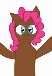 Size: 988x1428 | Tagged: safe, artist:fxoggyyy, artist:gumball 🌈♾️, derpibooru import, pinkie pie, earth pony, g4, arms in the air, blackwashing, brown, brown coat, dark skin, female, image, jpeg, looking at you, simple background, solo, white background