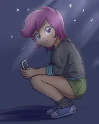 Size: 2598x3248 | Tagged: safe, artist:sumin6301, derpibooru import, scootaloo, human, equestria girls, g4, beautiful, clothes, converse, cute, female, hoodie, image, iphone, jpeg, legs, miniskirt, mobile phone, phone, shoes, skirt, skirtaloo, smartphone, socks, squatting, thighs