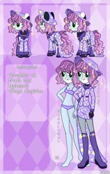 Size: 1900x3000 | Tagged: safe, artist:eilidh-draw, derpibooru import, oc, oc:mystique (ice1517), unofficial characters only, earth pony, pony, equestria girls, g4, barefoot, belly, belly button, boots, bra, clothes, coat, commission, ear piercing, earring, equestria girls-ified, eyeshadow, feet, fishnet clothing, fishnets, freckles, gloves, hat, image, jewelry, lip piercing, lipstick, magical lesbian spawn, magician, magician outfit, makeup, markings, offspring, parent:applejack, parent:trixie, parents:tripplejack, piercing, png, purple underwear, reference sheet, shirt, shoes, skirt, socks, solo, stockings, thigh highs, underwear, ych result