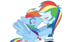 Size: 1920x1080 | Tagged: safe, anonymous artist, derpibooru import, rainbow dash, human, pegasus, pony, equestria girls, g4, blushing, clothes, eyes closed, female, hoodie, human and pony, image, interspecies selfcest, jacket, kissing, lesbian, png, self paradox, self ponidox, selfcest, ship:dashdash, shipping, shirt, simple background, spread wings, transparent background, wingboner, wings, wristband