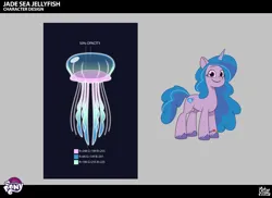 Size: 2048x1494 | Tagged: safe, derpibooru import, official, izzy moonbow, jellyfish, pony, unicorn, g5, my little pony: tell your tale, spoiler:g5, spoiler:my little pony: tell your tale, spoiler:tyts02e28, concept art, enchantment under the sea, female, horn, image, jpeg, lil critter workshop, mare, my little pony logo, reference sheet, smiling