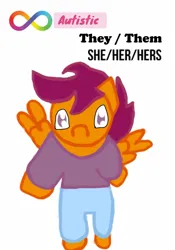 Size: 825x1178 | Tagged: safe, artist:fxoggyyy, artist:gumball 🌈♾️, derpibooru import, scootaloo, anthro, g4, autism, autism spectrum disorder, clothes, female, headcanon, image, jpeg, neurodivergent, neurodivergent headcanon, pants, pronouns, shirt, simple background, solo, white background, wings