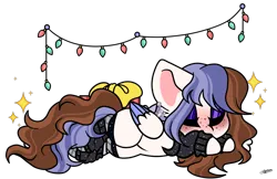 Size: 1600x1037 | Tagged: safe, artist:princessmoonsilver, derpibooru import, oc, oc:ari skye, pegasus, pony, christmas, christmas lights, clothes, female, hair over eyes, holiday, image, leg warmers, lying down, mare, png, prone, simple background, sleeping, solo, transparent background