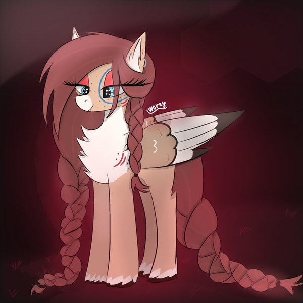 Size: 2048x2048 | Tagged: safe, artist:worny, derpibooru import, oc, oc:ondrea, unofficial characters only, pegasus, pony, abstract background, bedroom eyes, blue eyes, braid, braided tail, chest fluff, colored wings, ear fluff, ear piercing, elastic, eyelashes, eyeshadow, female, freckles, grass, image, jewelry, jpeg, long mane, long tail, makeup, mare, multicolored hair, multicolored mane, multicolored tail, multicolored wings, piercing, red background, red eyeshadow, signature, simple background, smiling, solo, solo female, tail, unshorn fetlocks, wings