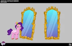 Size: 2048x1302 | Tagged: safe, derpibooru import, official, pipp petals, pegasus, pony, g5, my little pony: tell your tale, spoiler:g5, spoiler:my little pony: tell your tale, spoiler:tyts02e28, concept art, diadem, enchantment under the sea, female, folded wings, image, jewelry, jpeg, lil critter workshop, mare, mirror, my little pony logo, regalia, royalty, solo, wings