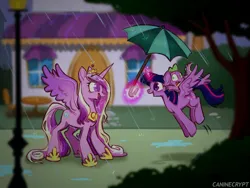 Size: 2048x1536 | Tagged: safe, artist:caninecrypt, artist:lummh, derpibooru import, princess cadance, spike, twilight sparkle, twilight sparkle (alicorn), alicorn, pony, g4, crown, female, flying, glow, glowing horn, hoof shoes, horn, house, image, jewelry, lamppost, levitation, magic, mare, peytral, png, princess shoes, puddle, rain, regalia, riding, riding a pony, spread wings, telekinesis, umbrella, wet, wet mane, wet mane cadance, wings