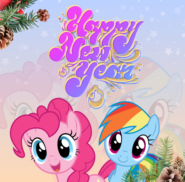 Size: 2744x2706 | Tagged: safe, artist:saltyvity, derpibooru import, edit, pinkie pie, rainbow dash, earth pony, pegasus, pony, g4, 2025, blue background, blue eyes, christmas, christmas tree, gradient background, happy new year, holiday, image, jpeg, looking at you, merry christmas, multicolored hair, pink eyes, pink hair, rainbow hair, simple background, smiling, smiling at you, snow, solo, tree