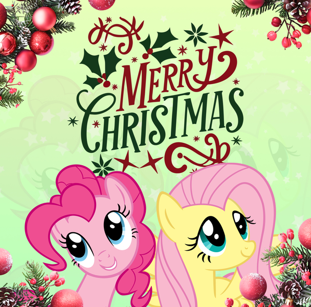 Size: 2744x2706 | Tagged: safe, artist:saltyvity, derpibooru import, edit, fluttershy, pinkie pie, earth pony, pegasus, pony, g4, 2025, blue eyes, christmas, christmas ornament, christmas tree, decoration, gradient background, green background, green eyes, happy new year, holiday, image, jpeg, merry christmas, pink hair, simple background, smiling, snow, solo, sparkles, tree