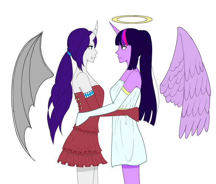 Size: 2000x1700 | Tagged: safe, artist:mrtsg7, derpibooru import, rarity, twilight sparkle, equestria girls, g4, alicorn humanization, alternate hairstyle, angel, breasts, clothes, devil, devil horns, devil rarity, dress, duo, duo female, evening gloves, fangs, female, gloves, halo, horn, horned humanization, horns, hug, image, jpeg, lesbian, long gloves, looking at each other, looking at someone, pony coloring, ship:rarilight, shipping, shoulder devil, simple background, twilight sparkle is not amused, unamused, white background, winged humanization, wings