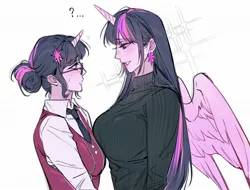 Size: 2048x1556 | Tagged: suggestive, artist:jiao, derpibooru import, sci-twi, twilight sparkle, human, g4, ..., alicorn humanization, alternate hairstyle, ascension enhancement, bedroom eyes, blushing, breasts, busty twilight sparkle, clothes, duality, duo, duo female, ear piercing, earring, female, glasses, grin, gritted teeth, hair bun, horn, horned humanization, humanized, image, jewelry, jpeg, lipstick, makeup, necktie, piercing, pony coloring, question mark, shirt, simple background, size difference, smiling, sweat, sweater, teeth, twolight, vest, white background, winged humanization, wings