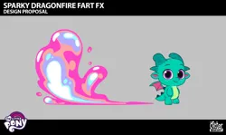 Size: 640x381 | Tagged: safe, derpibooru import, official, sparky sparkeroni, dragon, g5, my little pony: tell your tale, attack of the bunnisus, concept art, dragonfire, dragonfire fart, fart, fire, image, jpeg, lil critter workshop, male, my little pony logo, solo