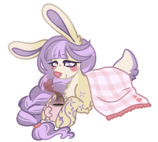 Size: 1107x1000 | Tagged: safe, artist:kazmuun, derpibooru import, oc, oc:snowball, hybrid, original species, blanket, coffee mug, female, image, lying down, mug, png, prone, rabbit pony, simple background, solo, transparent background