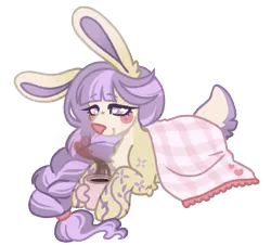 Size: 1107x1000 | Tagged: safe, artist:kazmuun, derpibooru import, oc, oc:snowball, hybrid, original species, blanket, coffee mug, female, image, lying down, mug, png, prone, rabbit pony, simple background, solo, transparent background