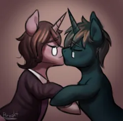 Size: 979x959 | Tagged: safe, artist:bkiltersot, derpibooru import, oc, oc:emerald sky, oc:midnight scrawl, unofficial characters only, pony, unicorn, blushing, closed eye, clothes, duo, duo male, gay, glasses, holding hooves, horn, image, kissing, male, male oc, png, simple background, suit, unicorn oc, vignette