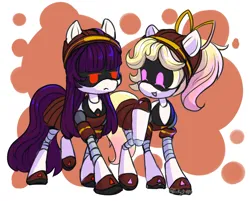 Size: 2024x1624 | Tagged: safe, artist:arky2000, derpibooru import, ponified, pony, robot, robot pony, abstract background, bow, clothes, doll (murder drones), duo, duo female, female, friends, frown, hard hat, hat, image, lizzy, looking at someone, murder drones, open mouth, open smile, png, ponytail, raised hoof, school uniform, skirt, smiling, walking, worker drone